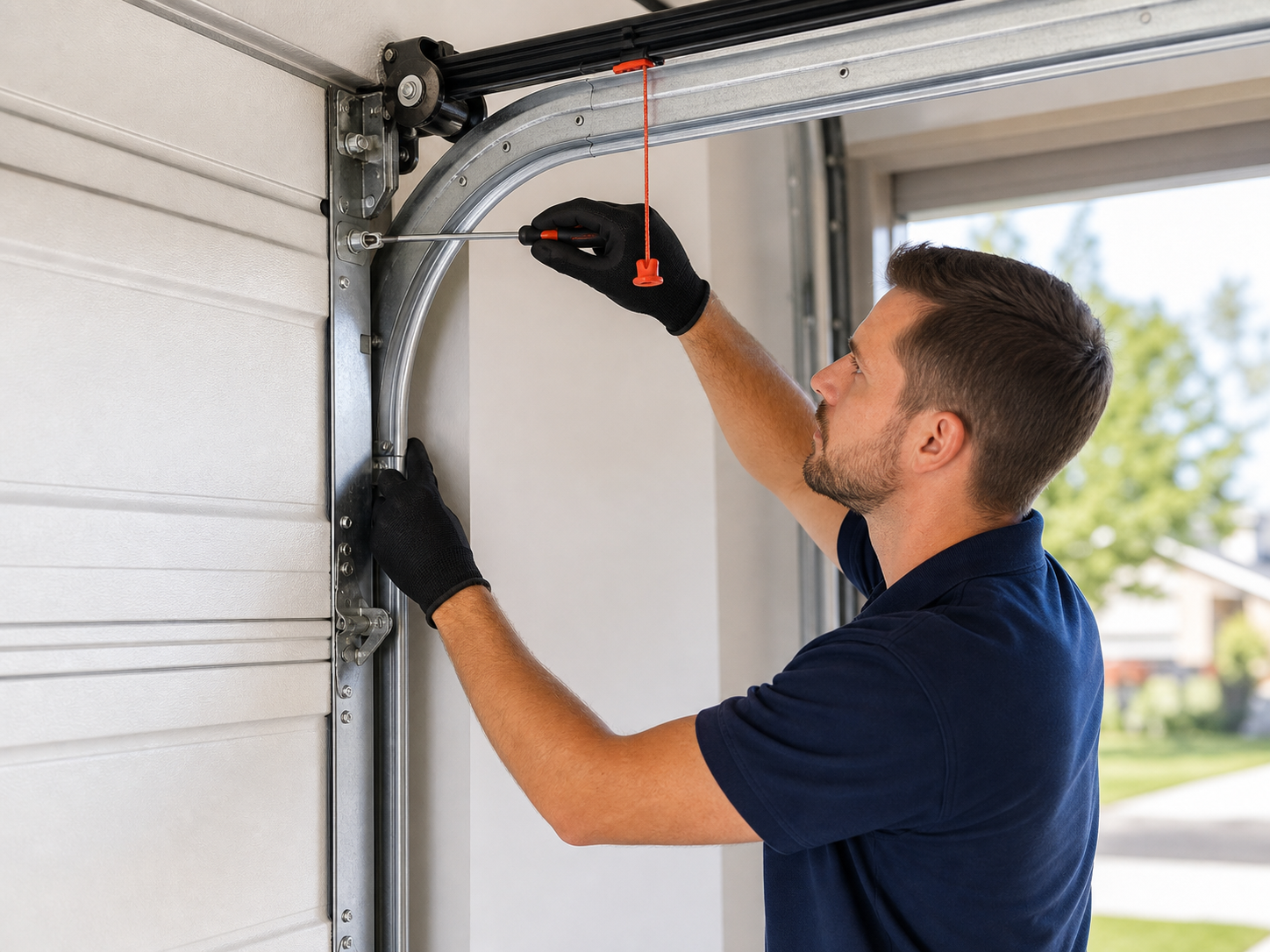 Garage door technician inspecting residential garage door hardware
