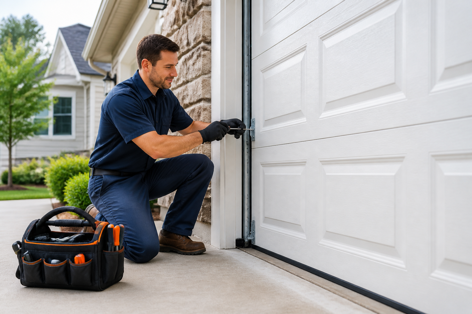 Garage door technician inspecting a residential garage door